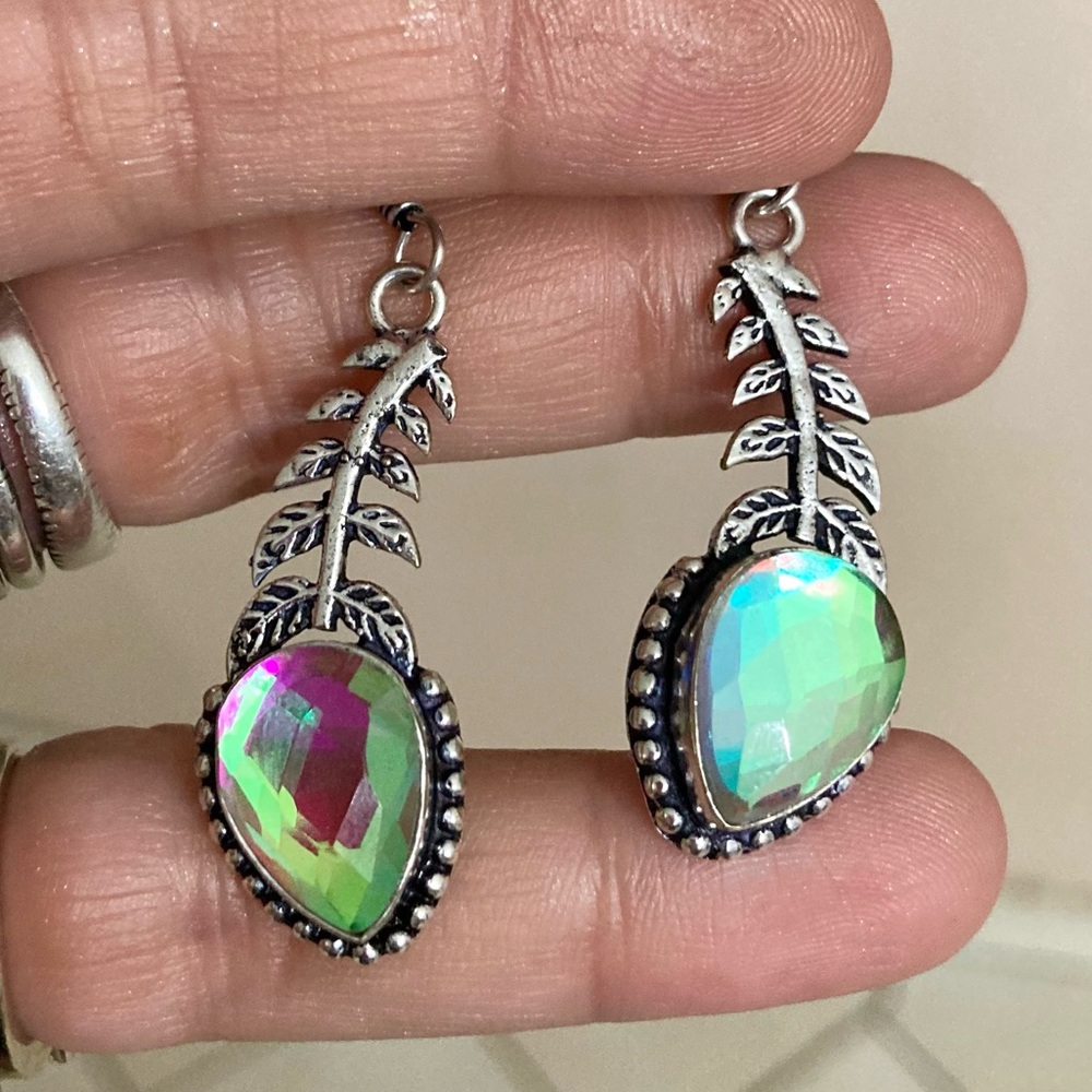 Ocean jasper iridescent opalite stones boho leaf design set necklace + earrings - Picture 8 of 16